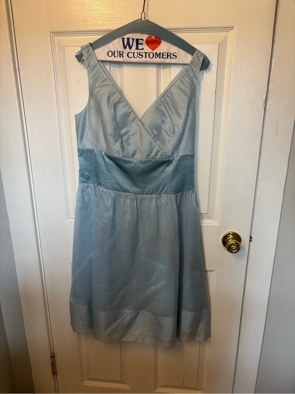 100% Silk Light Blue Striped V-Neck Dress